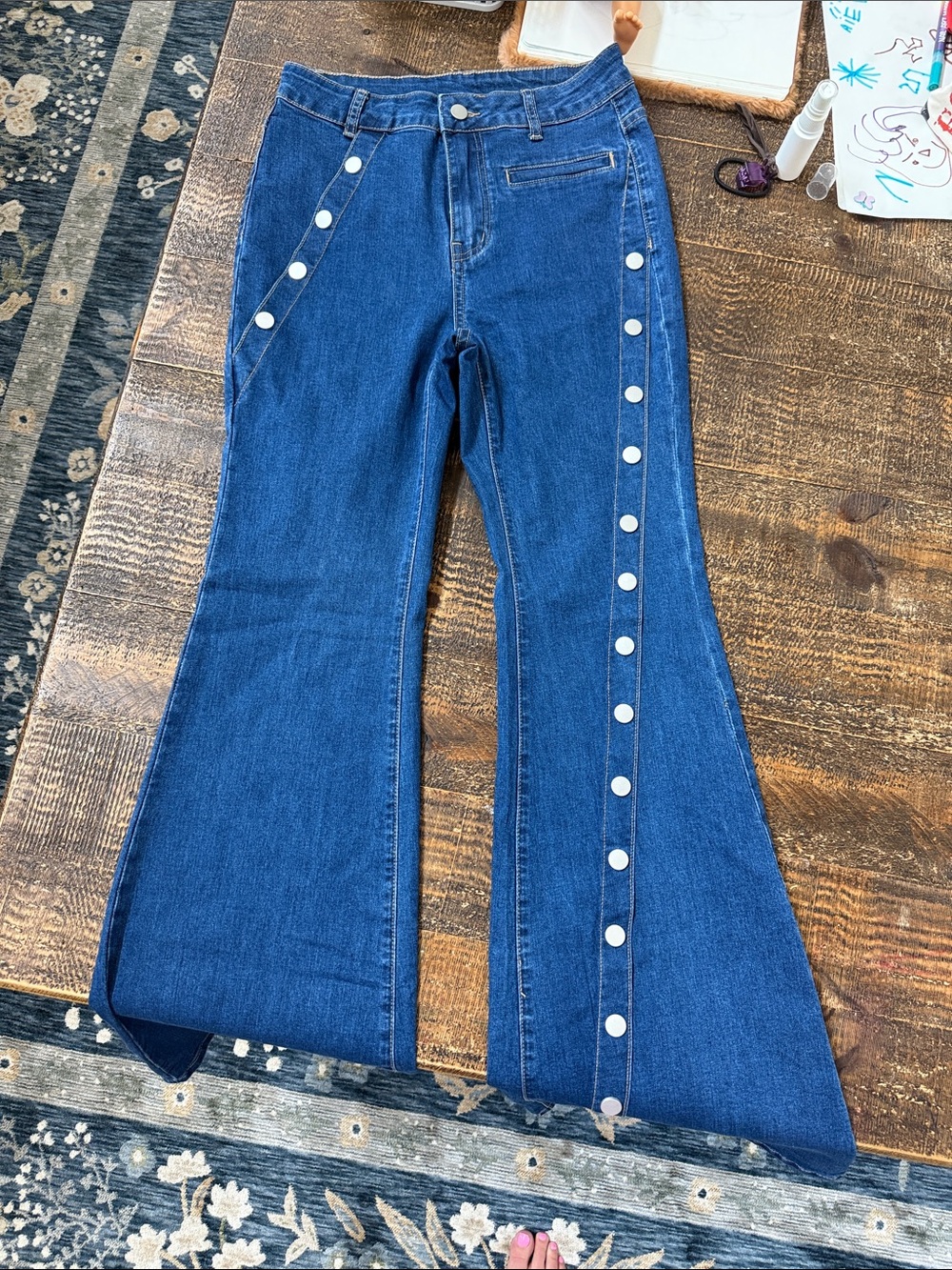 SHEIN Dark Blue Snap-Front Flare Jeans - Picture 4 of 4